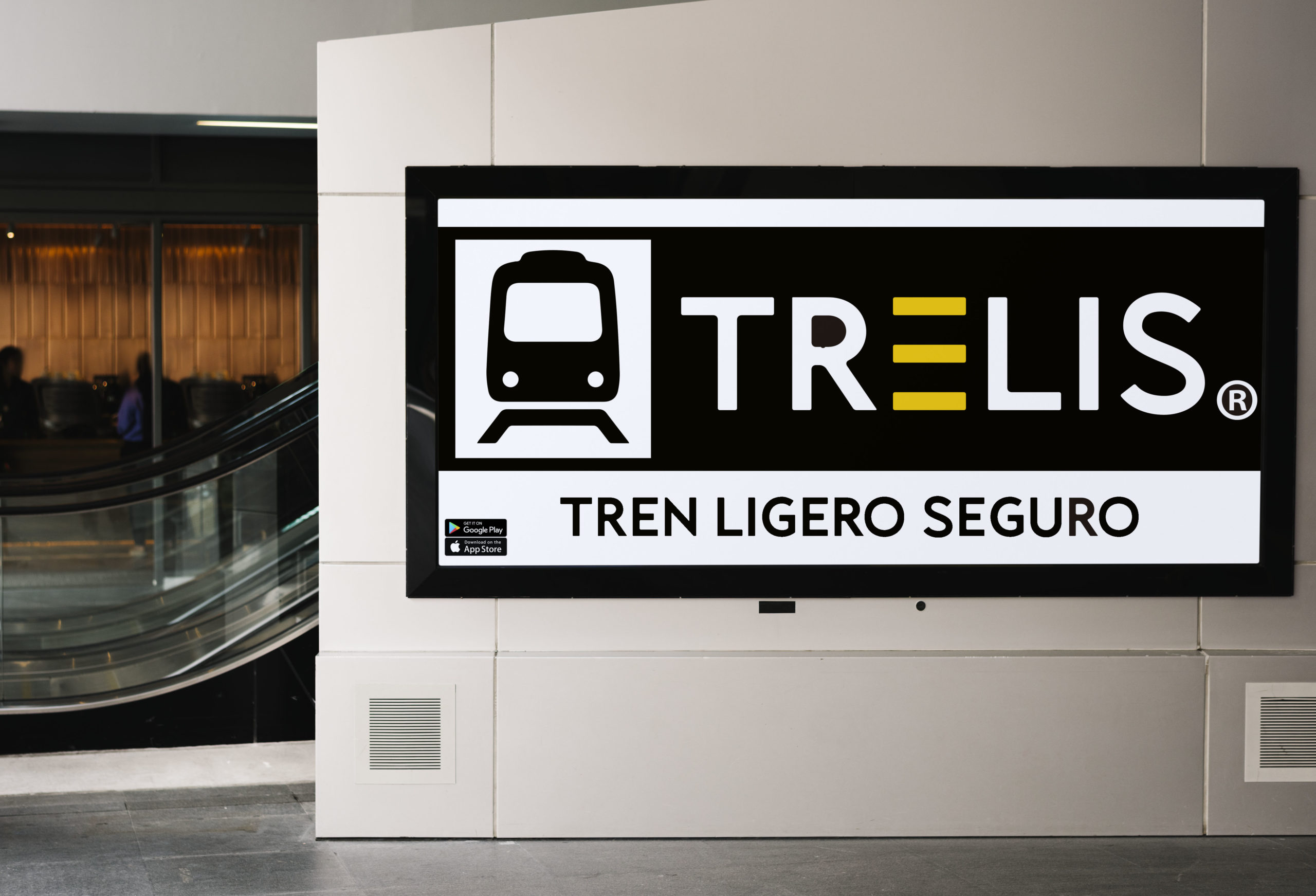 Billboard mockup near an escalator at a train station